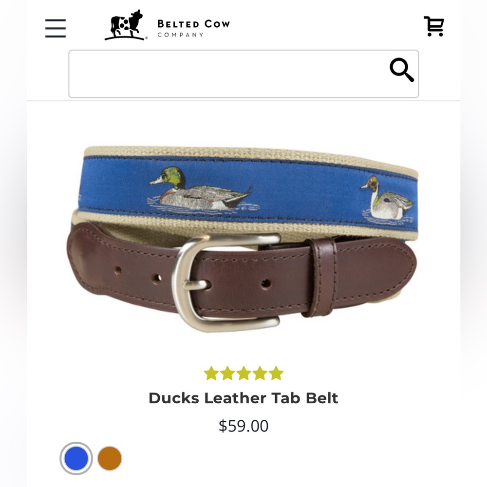 Belted Cow Company Signature Ribbon Mallard Duck Blue& Brown Leather Belt Sz 44